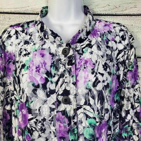 Christopher & Banks XL Purple Floral Lace Button Front Blouse Sheer Lightweight - Picture 2 of 7
